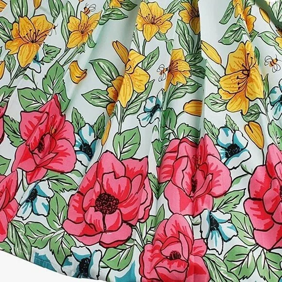 🐝 Floral Bee Print Pleated Midi Skirt – High Waist  Vintage-Inspired  Size M - Picture 4 of 6